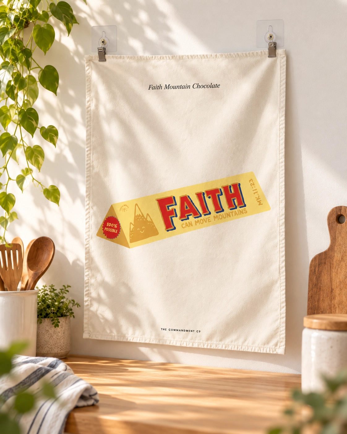 Faith Mountain Chocolate small wall tapestry clipped directly to a wall in a warm home interior.
