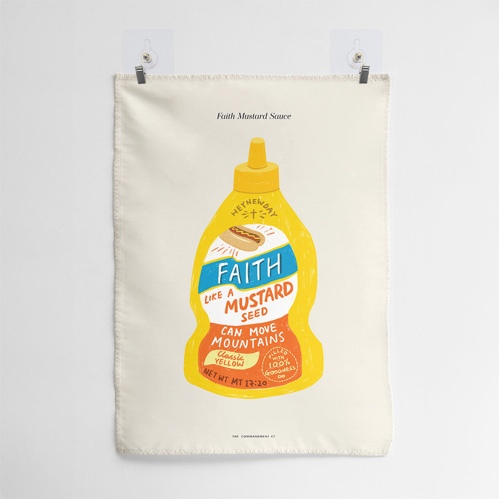 Creative Christian wall art featuring a mustard sauce bottle labeled 'Faith Like a Mustard Seed,' inspired by Matthew 17:20, symbolizing the power of faith to move mountains.