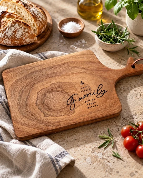 Family An Anchor engraved wooden cheese board styled with bread, herbs and tomatoes on kitchen worktop