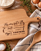 Favourite Recipes wooden serving board in kitchen setting