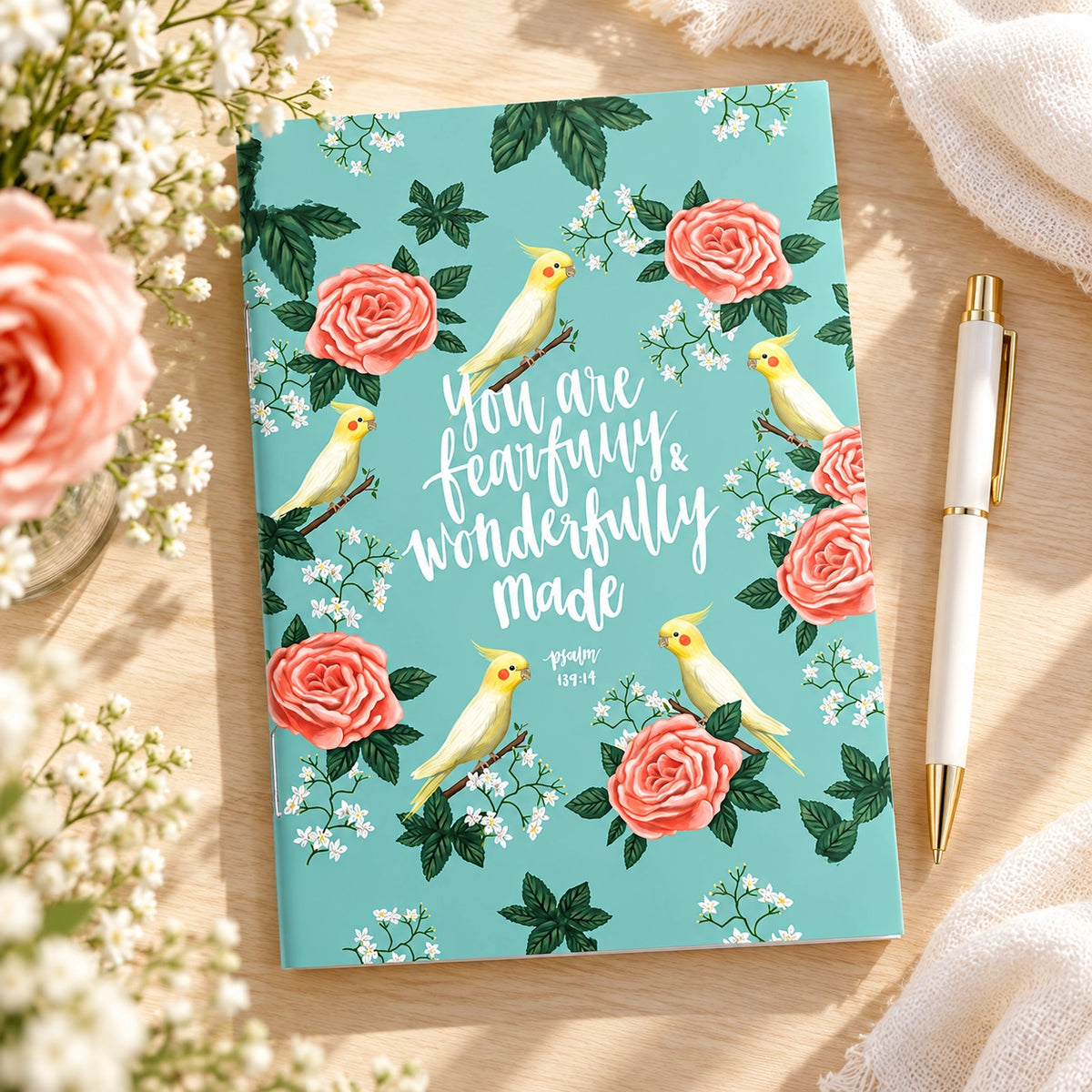 Fearfully And Wonderfully Made A6 notebook styled with flowers and a pen in a bright desk setting.