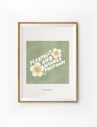 Encouraging "Fearfully and wonderfully made" poster in a wooden frame, featuring bold white lettering and soft yellow flowers on a green background, celebrating Christian identity and simple happiness.