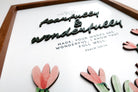 Close-up view of a wooden scripture poster featuring the Bible verse Psalm 139:14, "Fearfully and wonderfully made," with layered 3D text and delicate floral accents.
