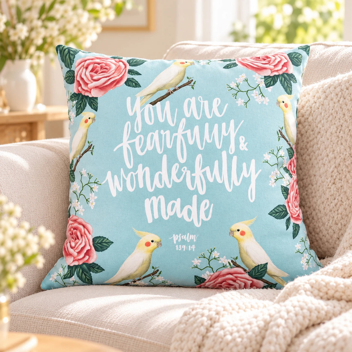 You Are Fearfully and Wonderfully Made Psalm 139:14 floral bird cushion cover on a cream sofa in a sunlit living room
