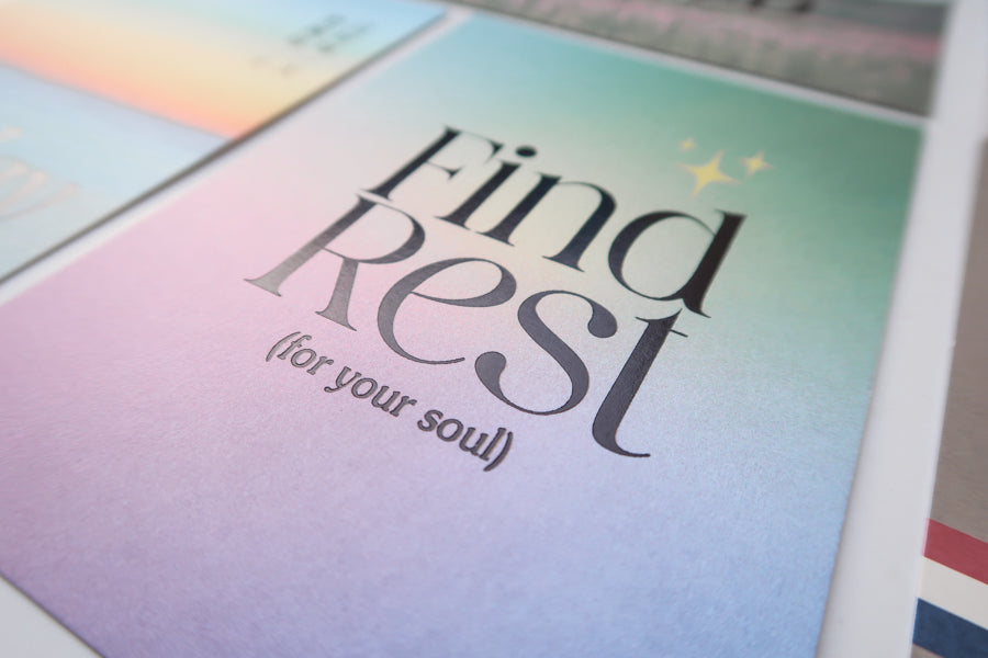 A detailed view of a postcard with a soft gradient background and the encouraging message "Find Rest (for your soul)," designed to promote peace and relaxation.