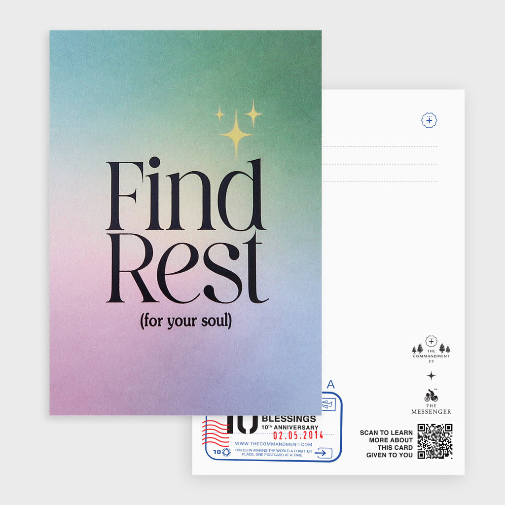 A postcard with a soothing gradient background and the calming text "Find Rest (for your soul)," designed to offer encouragement for peace and relaxation.