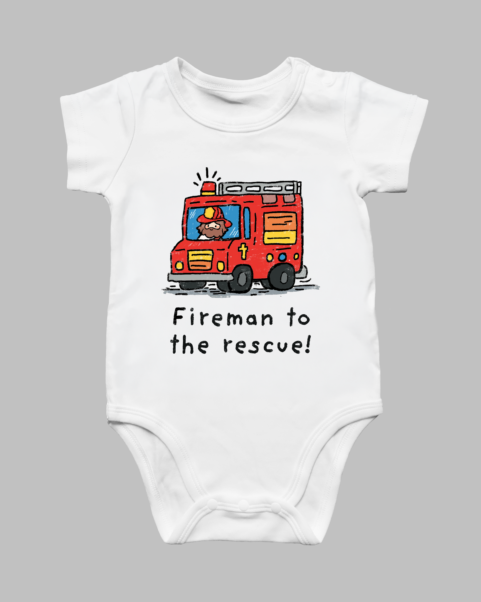 Firemen to the Rescue Christian baby romper product photo