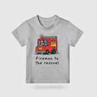 Grey kids’ T-shirt featuring a colourful red fire engine and Fireman to the Rescue design