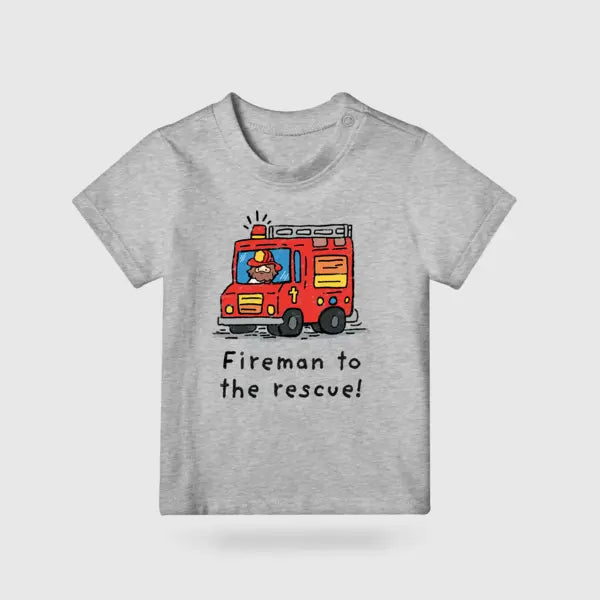 Grey kids’ T-shirt featuring a colourful red fire engine and Fireman to the Rescue design