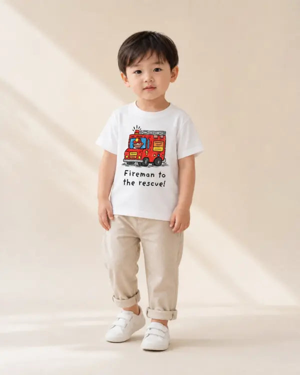 Young child wearing the white Firemen to the Rescue fire engine kids’ T-shirt