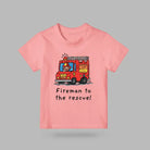 Pink kids’ T-shirt featuring a colourful red fire engine and Fireman to the Rescue design