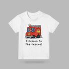 White kids’ T-shirt featuring a colourful red fire engine and Fireman to the Rescue design