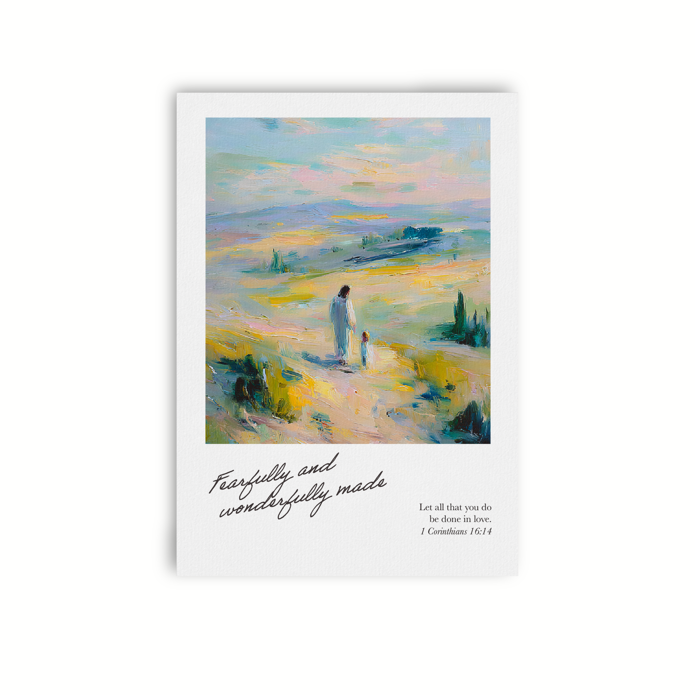 Christian Bible verse card featuring painterly artwork and the phrase “Fearfully and Wonderfully Made” with Scripture encouragement.