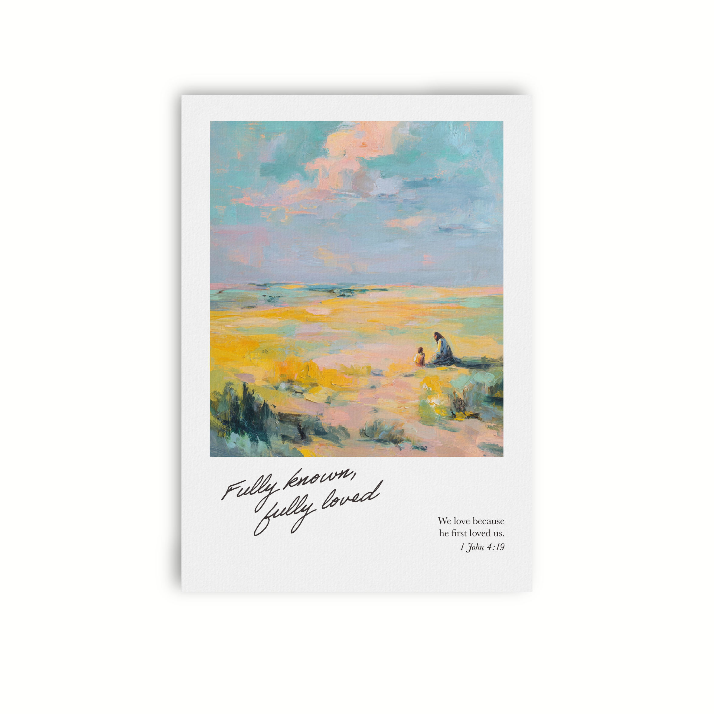 Faith-based encouragement card with soft pastel landscape illustration and the phrase “Fully Known, Fully Loved” from 1 John 4:19.