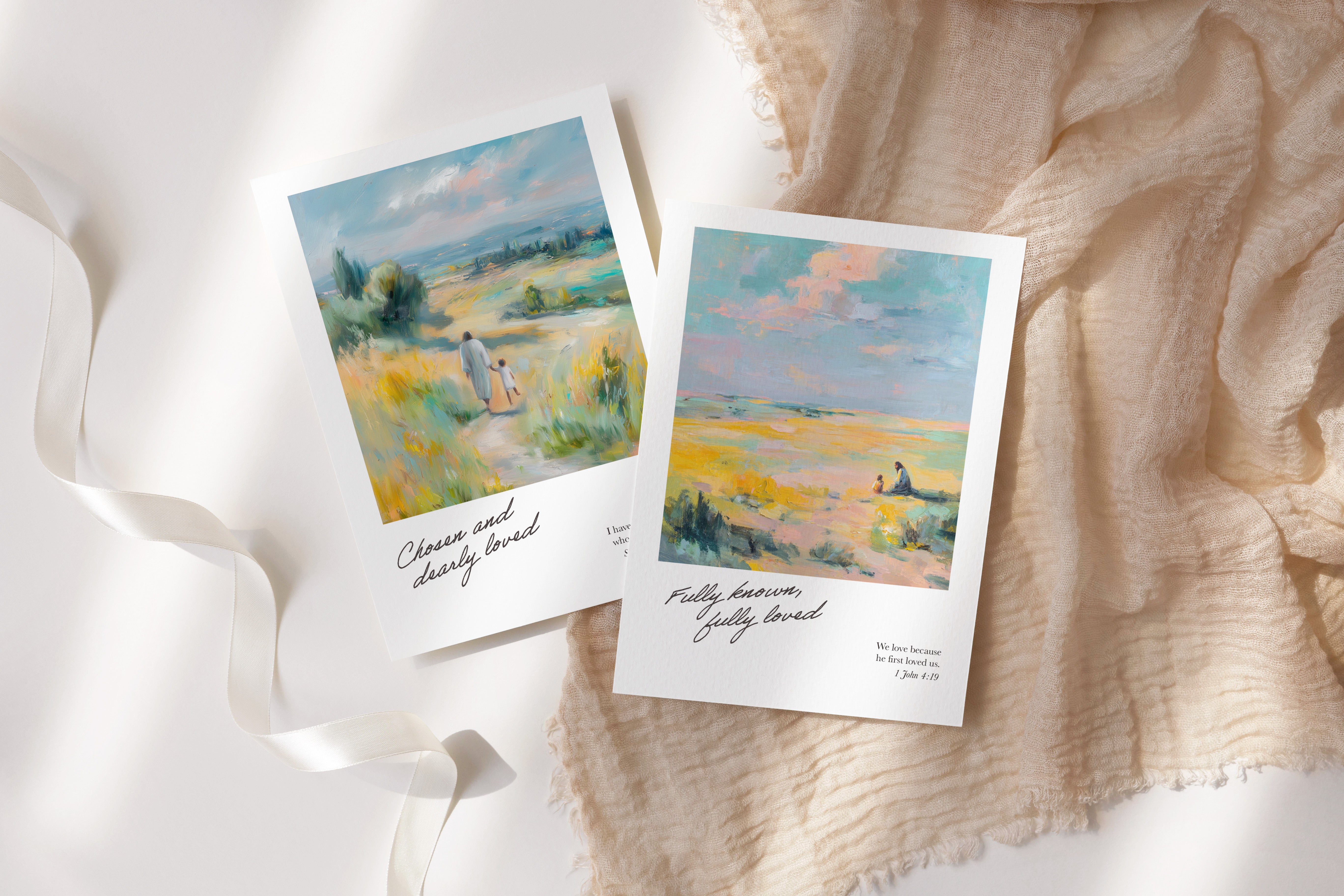 Christian encouragement card bundle styled with envelopes and soft textures, featuring the First Love Verse Cards set of five designs.