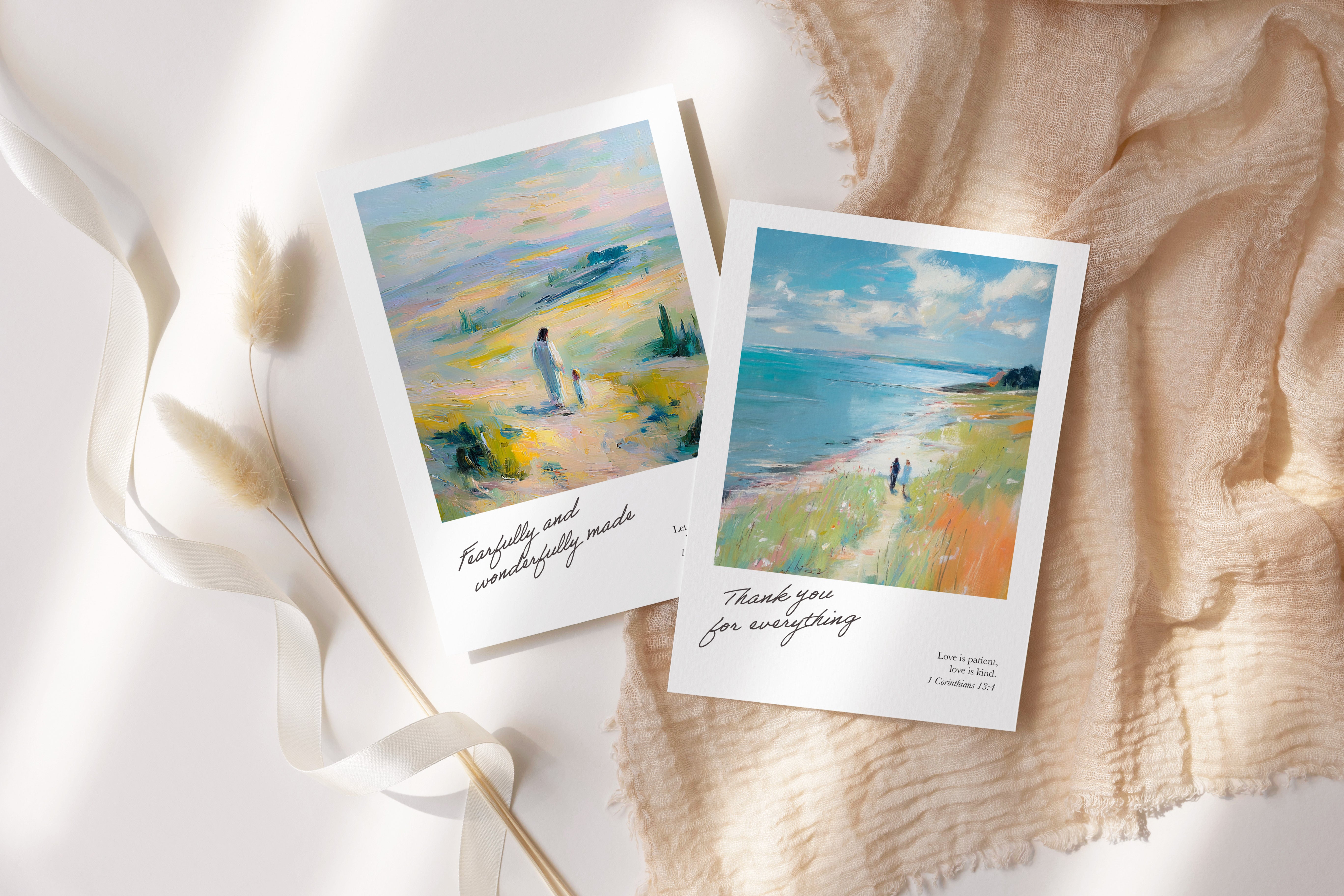 Christian love and encouragement cards with Bible verses and painterly artwork, available as single cards or a set of five.