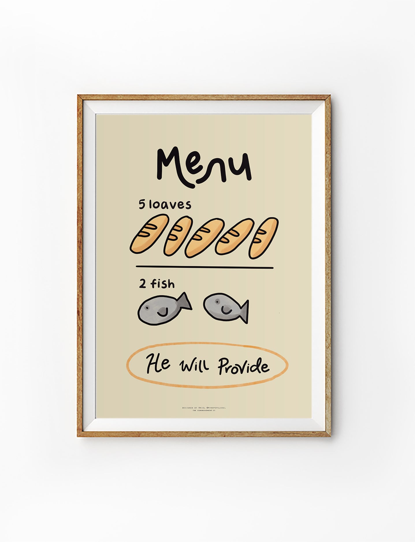 Christian art print featuring five loaves and two fish illustration with the phrase “He Will Provide,” inspired by Matthew 14, collaboration with myhopefulsoul.