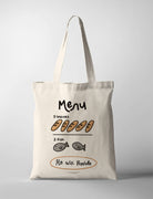 Cream canvas tote bag featuring “5 loaves, 2 fish – He Will Provide” with simple illustrated bread and fish design, Christian inspirational tote bag.