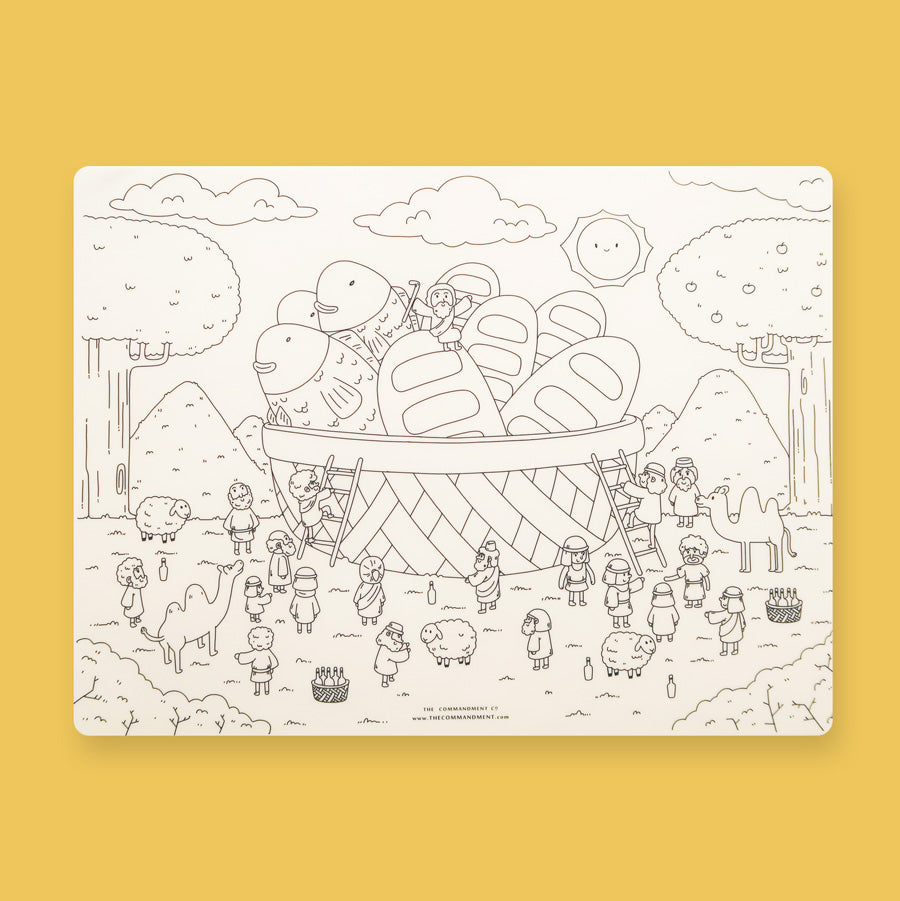 Five Loaves and Two Fishes silicone colouring mat shown as a creative Bible-story activity.