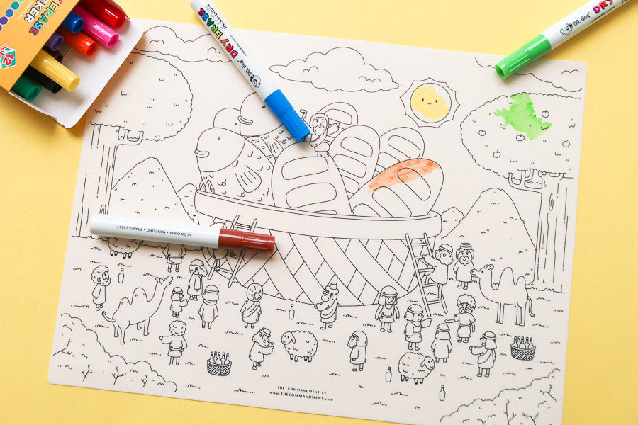 Five Loaves and Two Fishes reusable silicone Bible-story colouring mat for children.