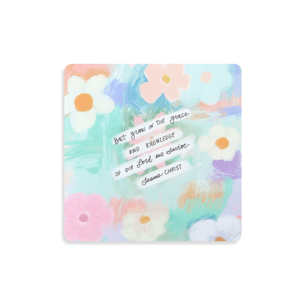 Floral Christian coaster featuring the verse 'But grow in the grace and knowledge of our Lord and Savior Jesus Christ,' with a colorful design, perfect for inspirational home decor.