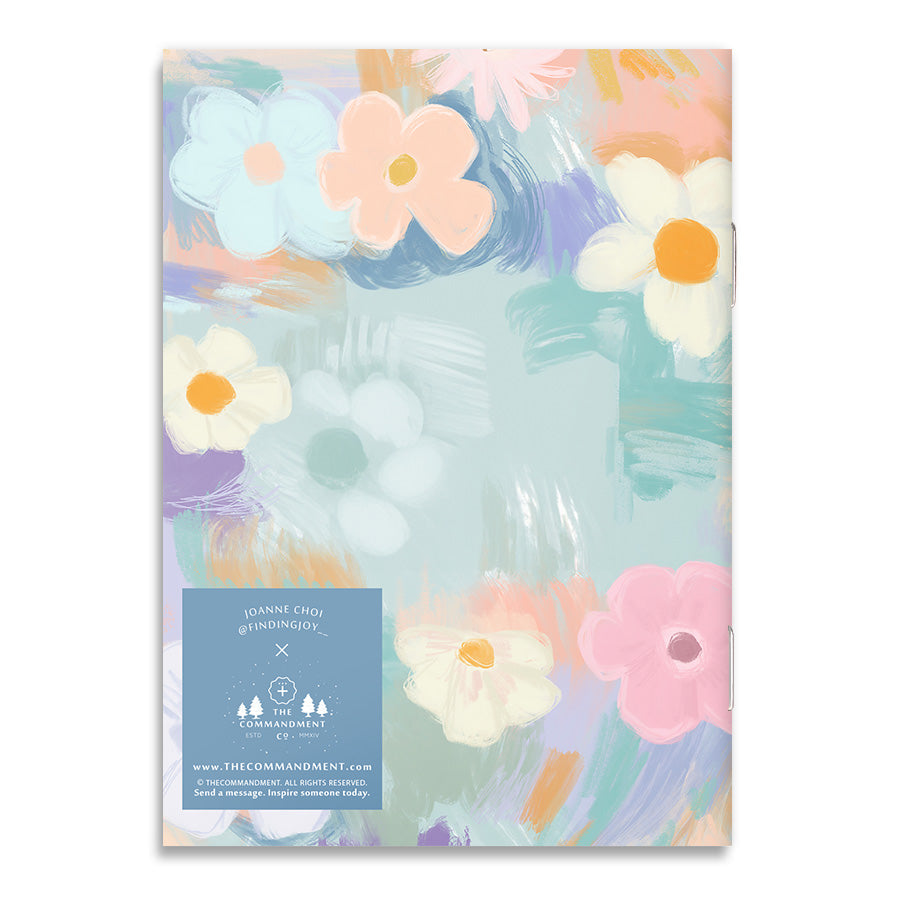 Back cover of a floral notebook with pastel flower illustrations