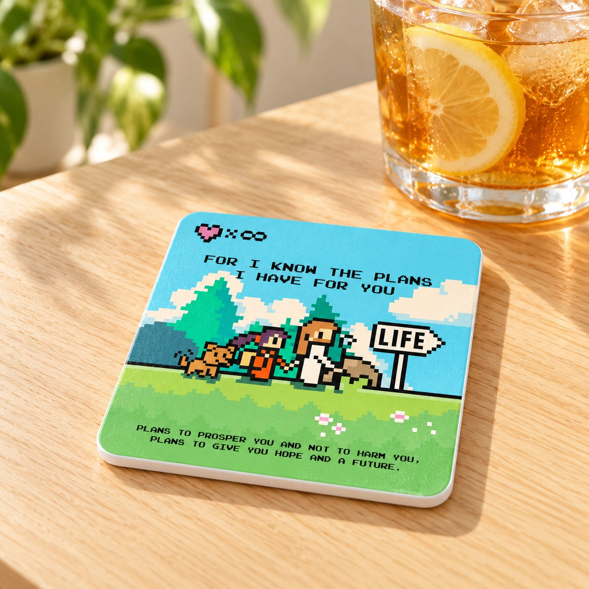 For I Know the Plans I Have for You Christian coaster styled on a bright wooden table
