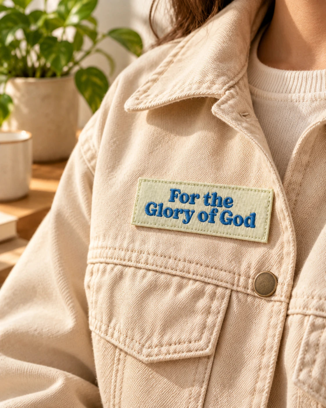 For the Glory of God embroidered Velcro patch on a cream jacket