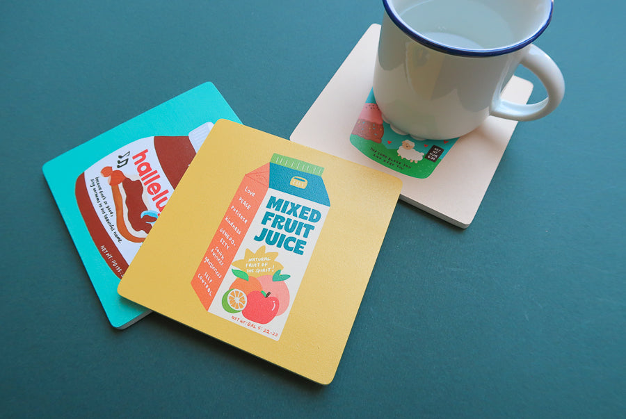 Faith-inspired Love Supermarket Christian coaster collection.