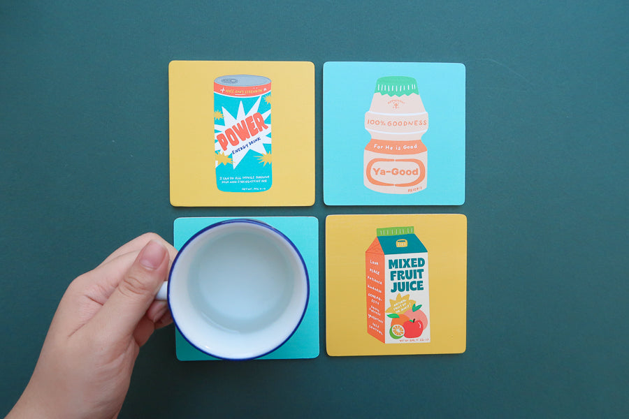 Cute modern Christian wooden coasters from the Love Supermarket collection.
