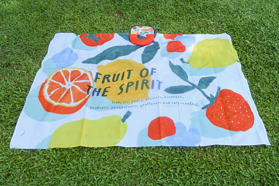 Colourful Fruit of the Spirit Christian picnic mat for outdoor gatherings