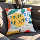 Fruit of the Spirit Galatians 5:22–23 Christian cushion cover resting on the seat of a car