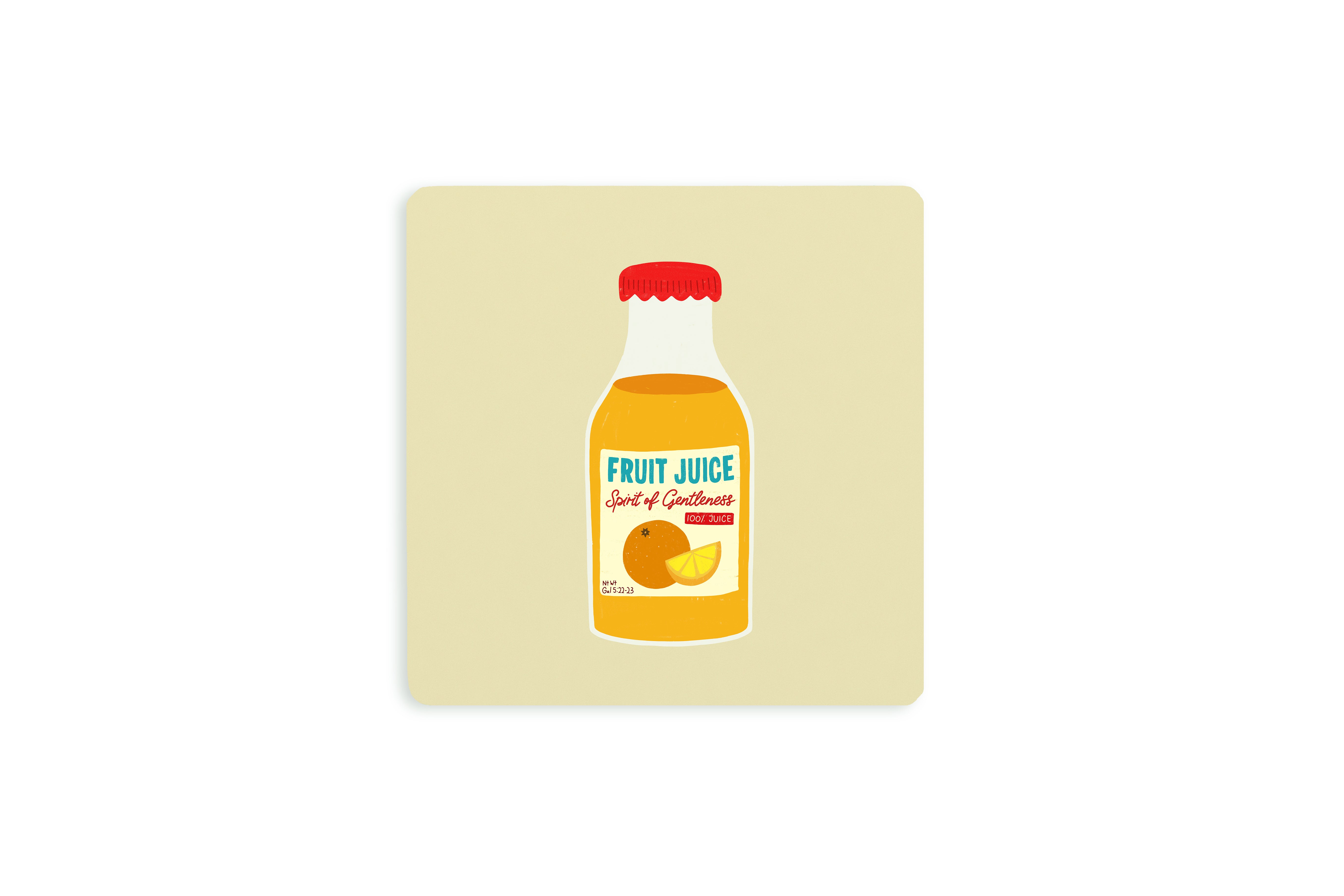 Christian coaster featuring a cute fruit juice bottle labeled “Spirit of Gentleness,” inspired by the Fruit of the Spirit from Galatians 5:23, on a soft cream background.