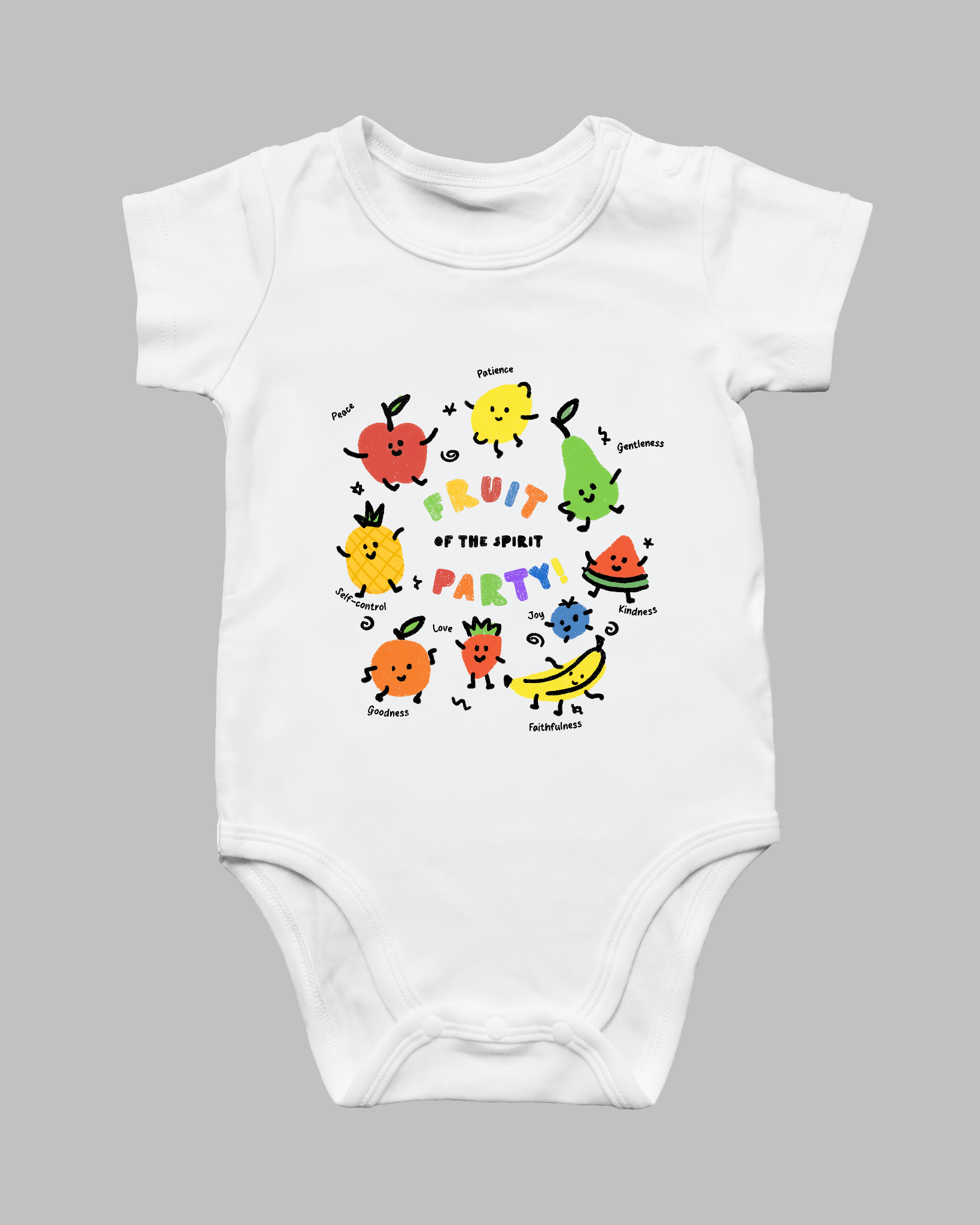 White Fruit of the Spirit Party Christian baby romper with colourful fruit illustrations
