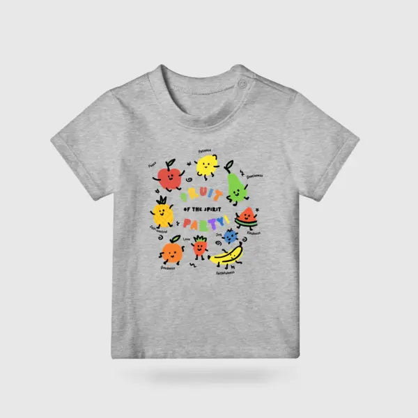 Fruit of the Spirit Party Christian kids’ T-shirt in grey with colourful fruit characters
