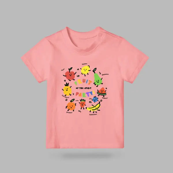 Fruit of the Spirit Party Christian kids’ T-shirt in pink with colourful fruit characters