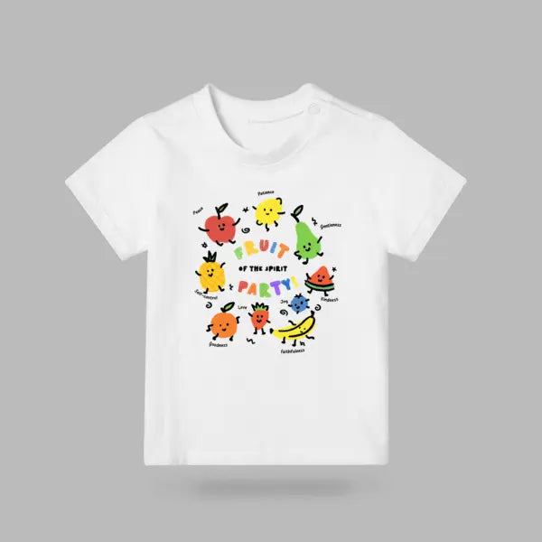 Fruit of the Spirit Party Christian kids’ T-shirt in white with colourful fruit characters