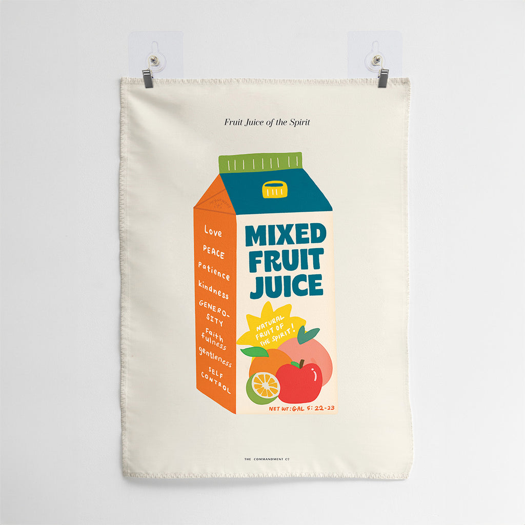 Wall tapestry featuring a mixed fruit juice design with the Fruits of the Spirit listed and scripture reference Galatians 5:22-23.