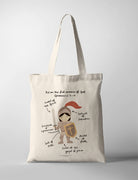 Christian kids tote bag featuring a girl in the full armour of God with labelled pieces from Ephesians 6:11–17, including the sword of the Spirit, helmet of salvation, shield of faith, belt of truth, breastplate of righteousness, and shoes of the gospel of peace.