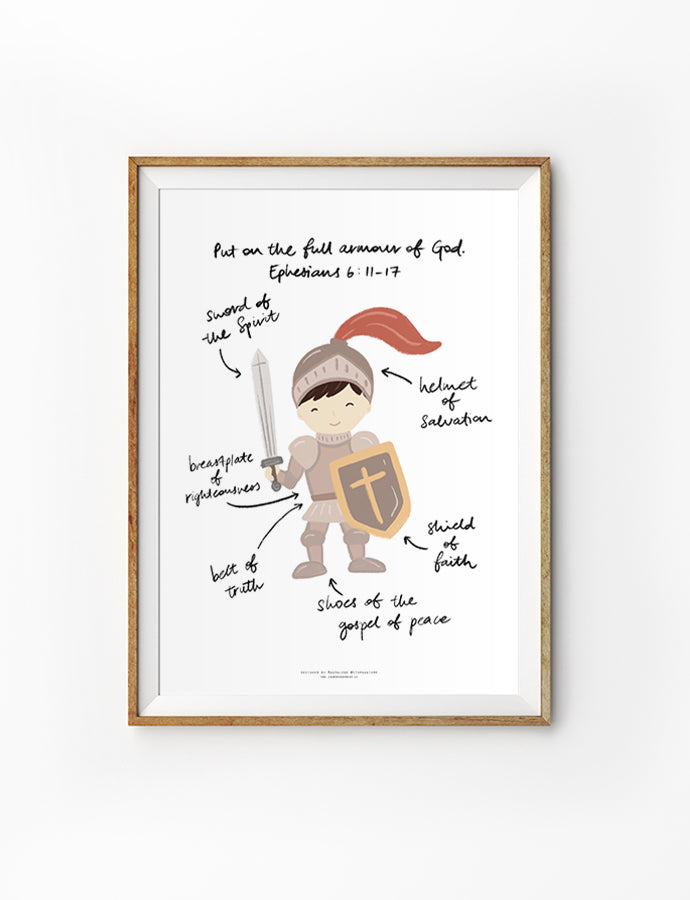 Christian kids wall art poster featuring a boy in the full armour of God with labelled pieces from Ephesians 6:11–17, including the sword of the Spirit, helmet of salvation, shield of faith, belt of truth, breastplate of righteousness, and shoes of the gospel of peace.