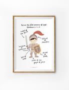 Christian kids wall art poster featuring a boy in the full armour of God with labelled pieces from Ephesians 6:11–17, including the sword of the Spirit, helmet of salvation, shield of faith, belt of truth, breastplate of righteousness, and shoes of the gospel of peace.