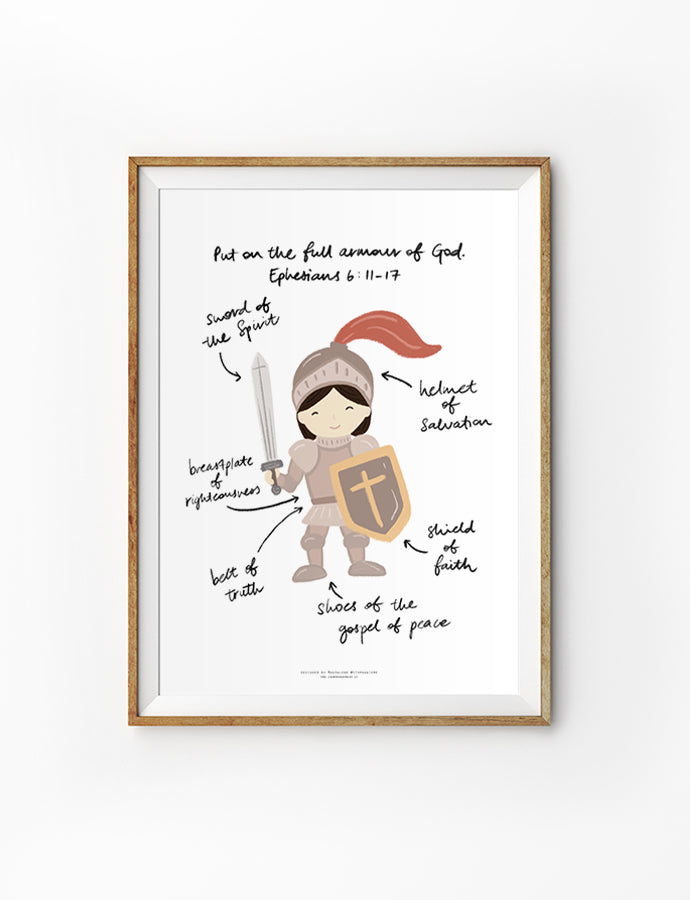 Christian kids wall art poster featuring a girl in the full armour of God with labelled pieces from Ephesians 6:11–17, including the sword of the Spirit, helmet of salvation, shield of faith, belt of truth, breastplate of righteousness, and shoes of the gospel of peace.
