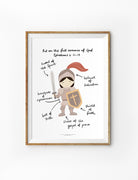 Christian kids wall art poster featuring a girl in the full armour of God with labelled pieces from Ephesians 6:11–17, including the sword of the Spirit, helmet of salvation, shield of faith, belt of truth, breastplate of righteousness, and shoes of the gospel of peace.