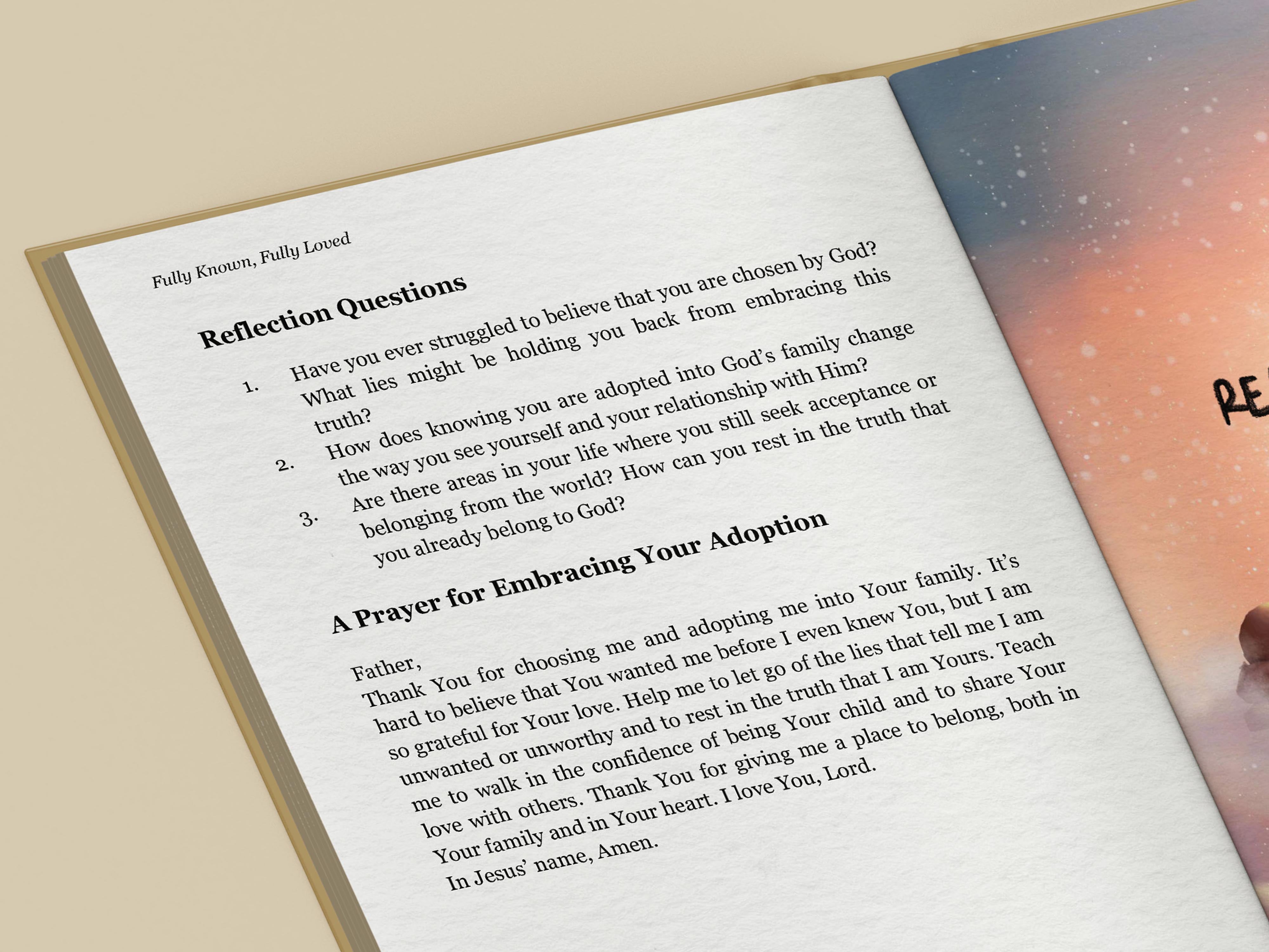 Reflection questions and a prayer for embracing your adoption from the Fully Known, Fully Loved book by Project Made New, encouraging readers to discover their true identity and God's unconditional love.