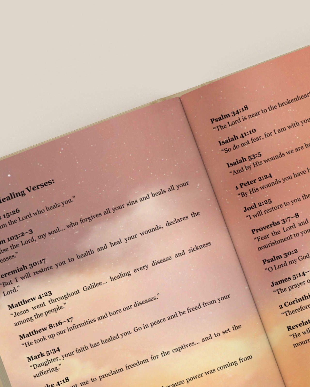 Open pages from Fully Restored by Project Made New featuring Bible verses about healing on a soft pink illustrated background