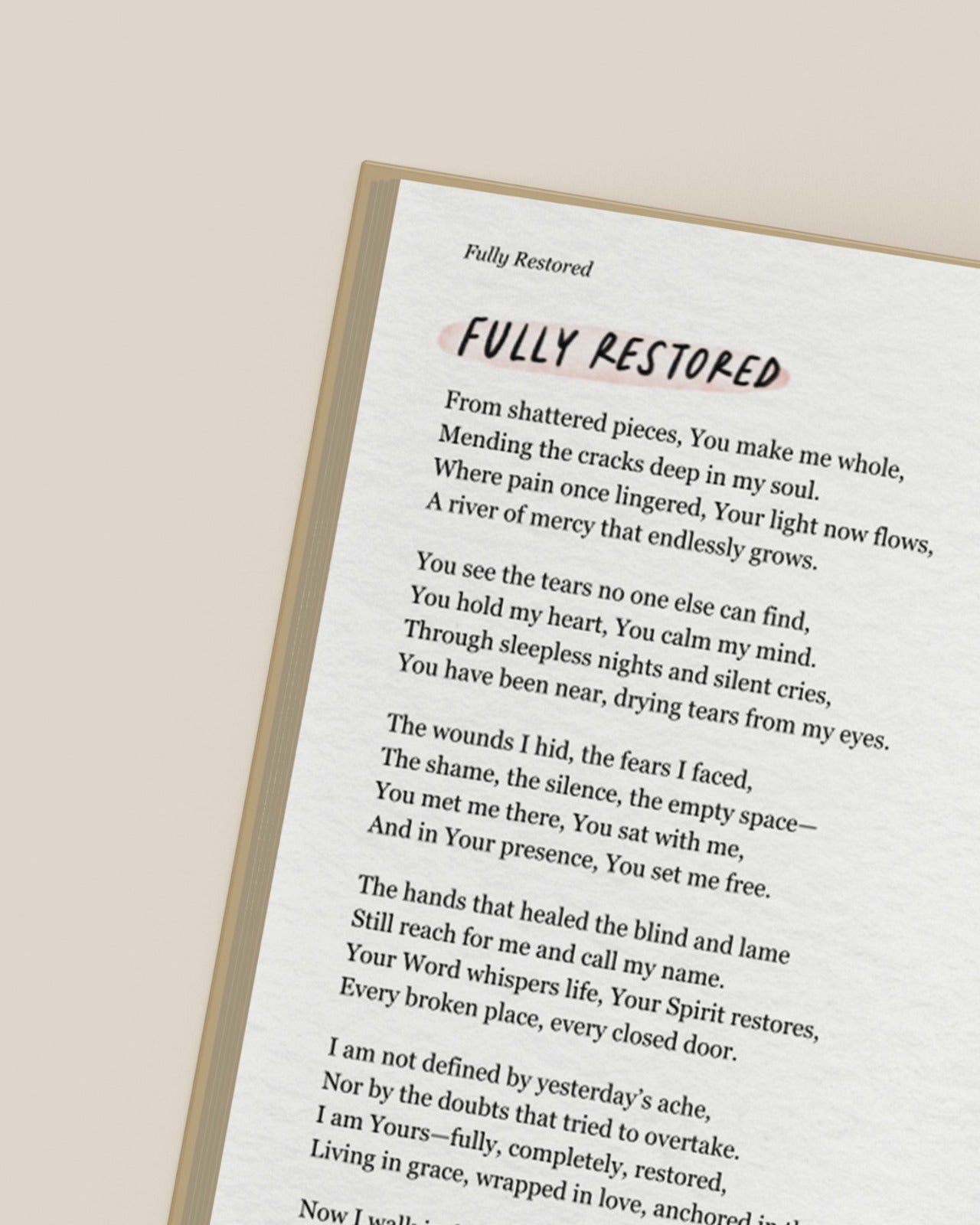 Fully Restored devotional page by Project Made New featuring a poem about being restored by God’s healing love