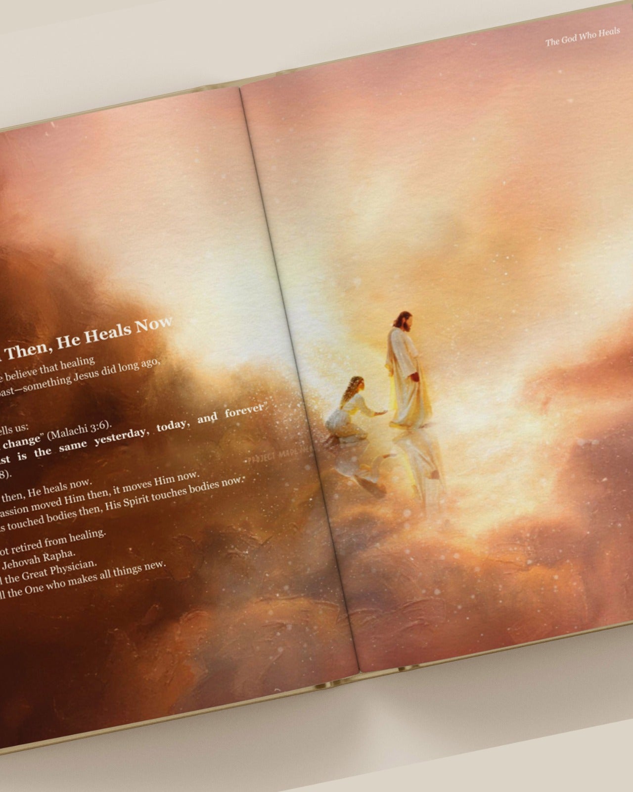 Open devotional spread from Fully Restored about the God who heals with warm illustrated artwork