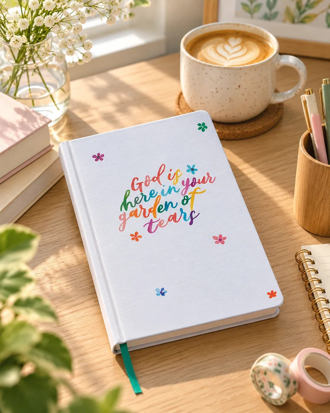 Garden of Tears hardcover journal on a bright wooden study desk