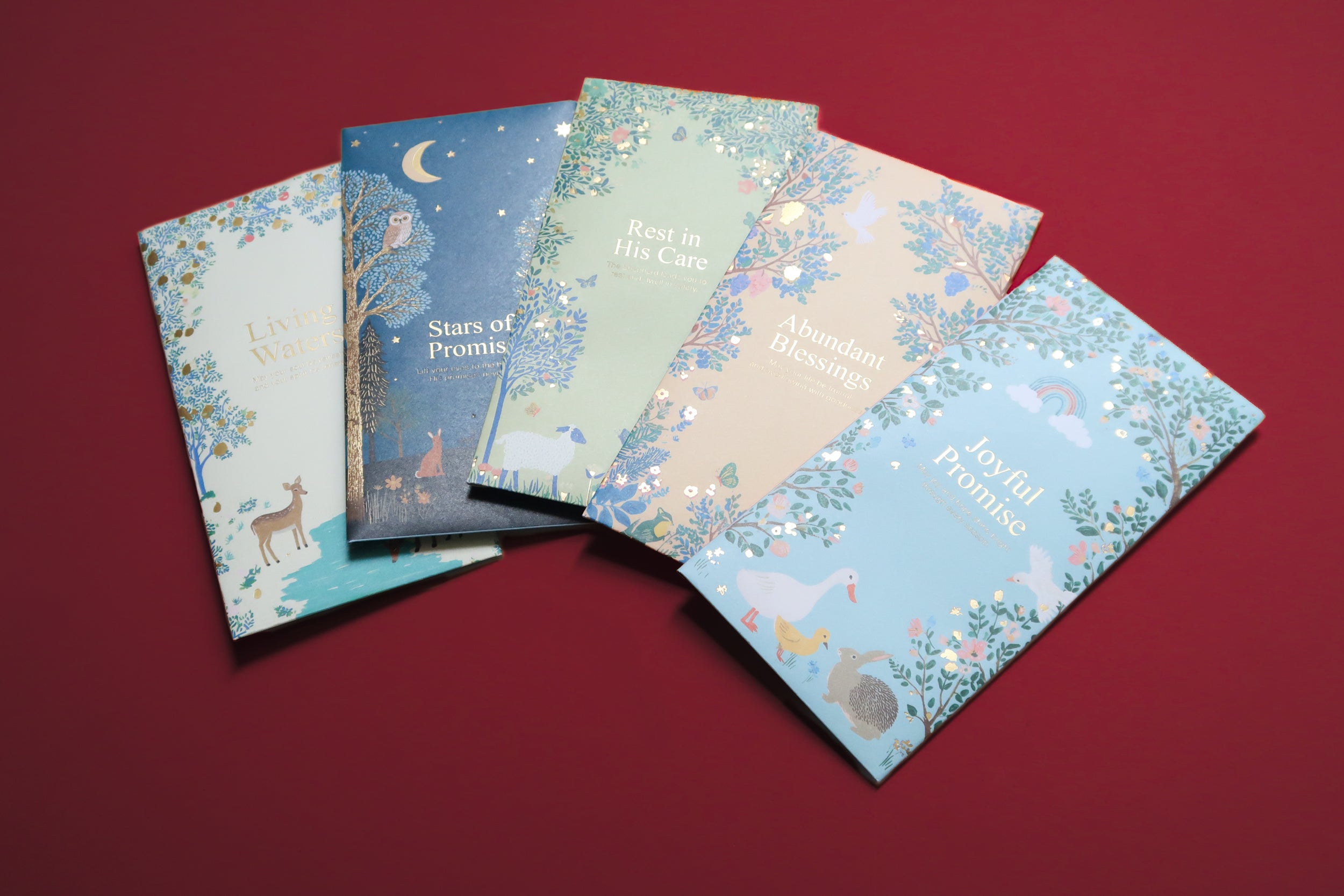 Gathered in Grace Christian ang bao full set flatlay showing all five faith-based Chinese New Year designs