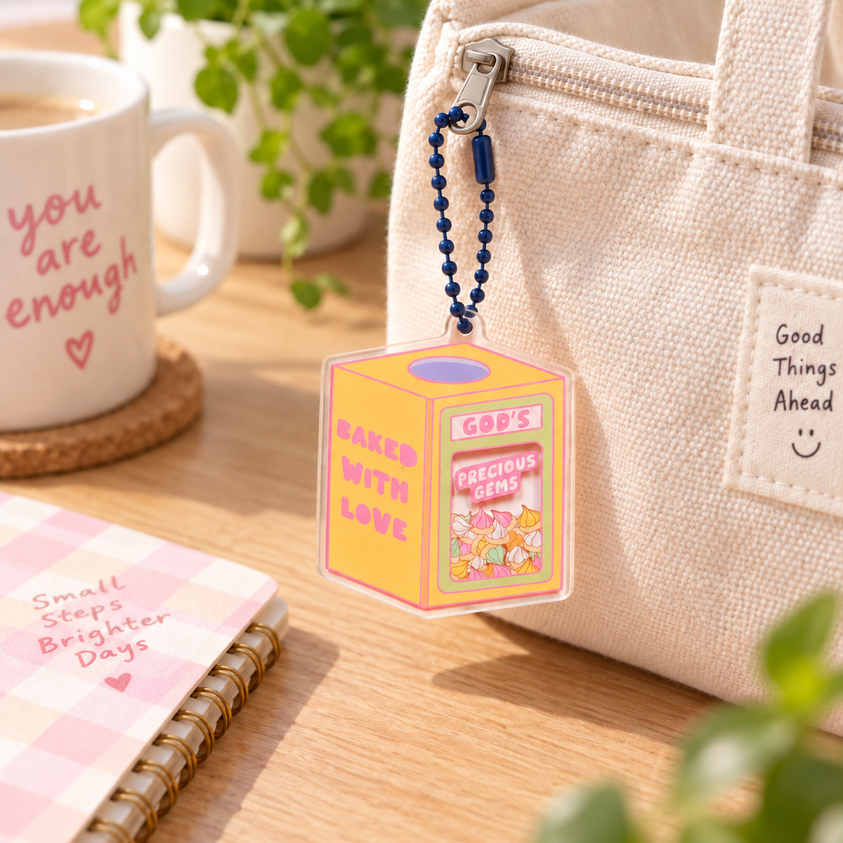 God's Precious Gems acrylic keychain hanging from a cream canvas bag in a bright sunlit setting.